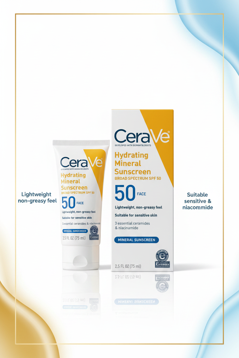 ☀️ CeraVe Hydrating Mineral Sunscreen SPF 50 – Protection Solaire Visage 75 ml