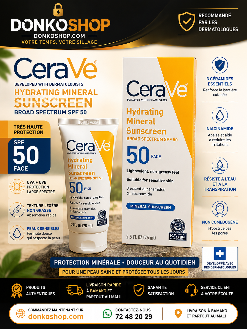☀️ CeraVe Hydrating Mineral Sunscreen SPF 50 – Protection Solaire Visage 75 ml